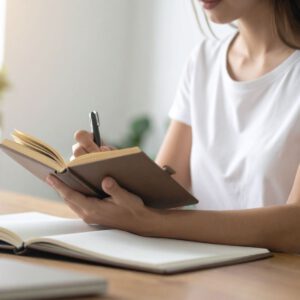 Frau fördert Lernbereitschaft durch Selbstreflexion in Notizbuch Frau fördert Lernbereitschaft durch Selbstreflexion in Notizbuch